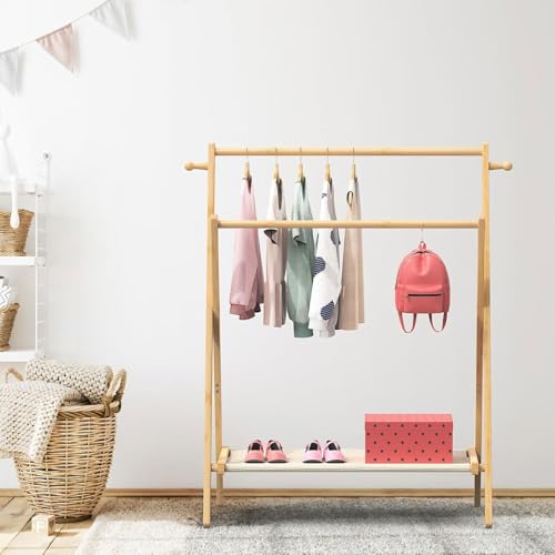 Homodoskey Kids Clothing Rack, Small Clothes Rack for Toddler Pets Dogs Cats, Kids Dress Up Rack with Storage Shelf & Double Rods, Foldable Kids Clothes Rack for Nursery Child's Room