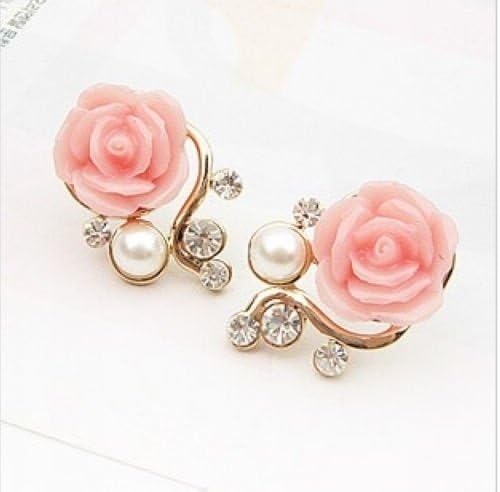 Sunglow New Fashion 18K Gold Plated Cute Sweet Rose Shaped Artificial Pearl and Diamond Stud Earrings for Women Ladies Girls Pink