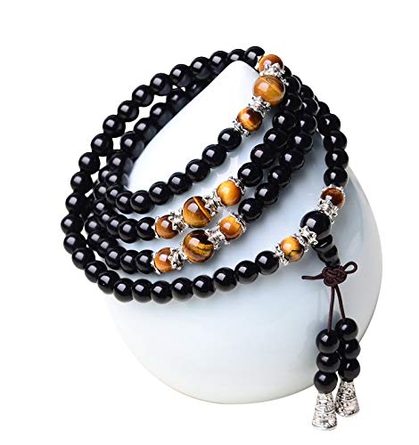 Tiger Eye Crystal Gemstone Bracelet Tibetan Buddhist Buddha Meditation 108 Obsidian Prayer Bead Bracelet - Thumbnail 2