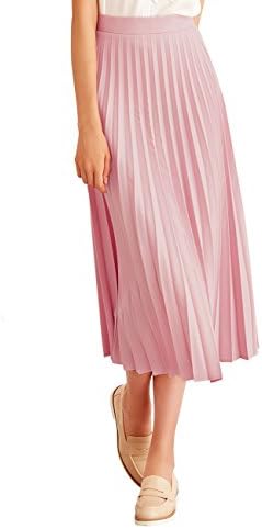Simple Retro Women's Pleated Skirt Midi A Line High Waist Skirt,Pink,XX-Small