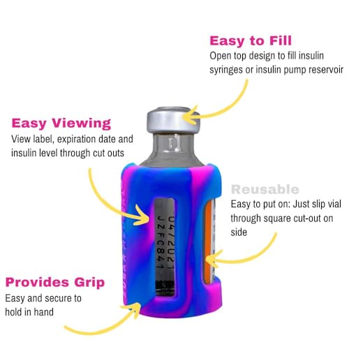 Sugar Medical Insulin Vial Protective Sleeve. Silicone Cover to Protect Your Insulin Vial from Breaking. Fits 10ml Insulin Brands. (Pink/Blue Tie Dye)