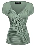 Zeagoo Womens Cross-front V Neck Ruched Cap Sleeve Blouse Army Green X-Large