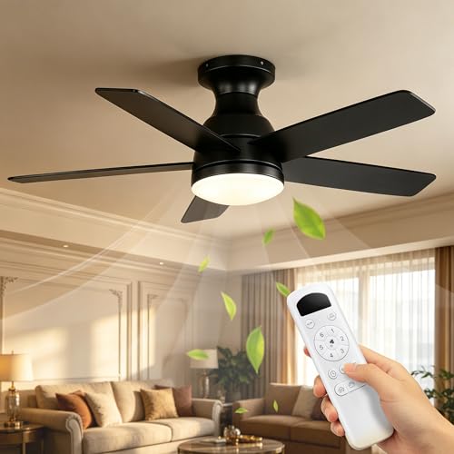 OZENAOS Ceiling Fan with Light, 112 cm (44 Inches), Silent DC Motor, Remote Control, 6 Speed, Timer, 3 Colours of Dimmable, Black, for Living Room, Bedroom