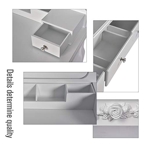Vanity Table Set Square Mirror with 4 Removable Dividers, Dressing Table Vanity Makeup Table Cushioned Stool & 5 Drawers for Bedroom/Women/Gift (Square Mirror, White)