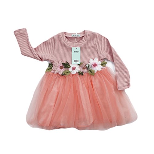 Toddler kids girls fall jersey dress long sleeve floral tulle cap…