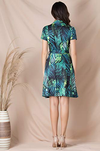 Fresca Women\'s Casual V Neck Belted Short Sleeve Swing A Line Faux Wrap Dress Green Leaf Small
