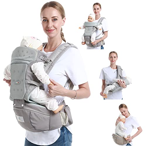 Hisemy Mochila portabebe，cangurera para bebé para Bebé Ergonomico，Portabebé Asiento de Cader con Asiento de Cadera，Ajustable、Cómodo y transpirable，para Bebés Niños Pequeños Recién Nacido 0-36 Meses