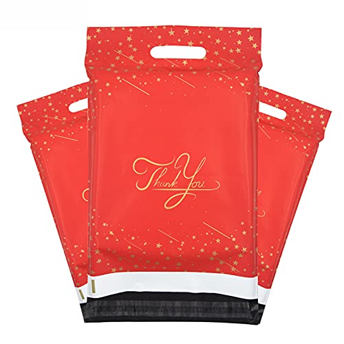 100x Designer Mailer Bag Mailing Postal Bags w/Handle for Packaging Shipping (Red Star Thank You, 10 x 13 Inch)
