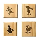 Final Fantasy Inspired Coasters (by Brindle Designs): Permanent Engraved Gift Set of 4 Wood Coasters. Cloud, Vivi, Cactuar and Chocobo.