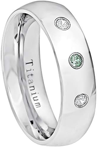 0.21ctw Alexandrite & Diamond 3-Stone Titanium Ring - 6MM Comfort Fit Polished Classic Dome White Titanium Wedding Band -