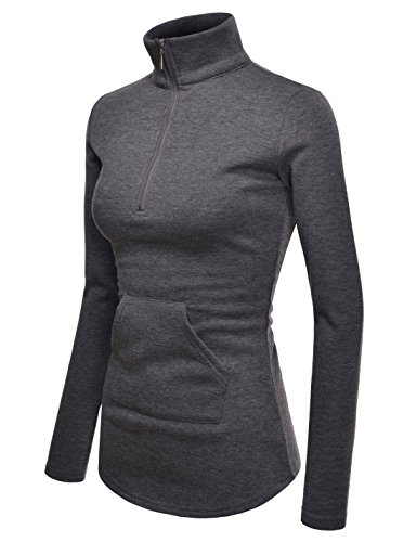 NEARKIN (NKNKWTT791 Women Soft Fleece Lined Comfy Slim Cut Upturned Collar Zipup Tshirts Charcoal US L(Tag Size XL) - Thumbnail 3