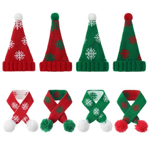 Geyoga 8 Pcs Christmas Mini Knit Doll Hats with Scarf Small Santa Hat Scarf Christmas Knit Decoration Winter Wine Bottle Decor for Xmas Ornaments DIY Art Craft (Red, Green,Snow)