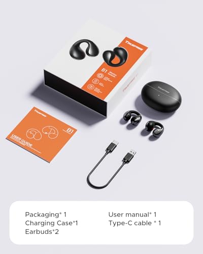 truefree B1 Open Ear Bluetooth Headphones Clip On Sport Wireless Bluetooth 5.4 Earphones Comfort, 3D Sound, Dynamic EQ App, Lightweight Stable, Only 5 g, Playtime 25 Hours (Black)