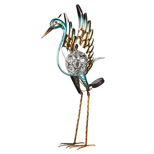 Kircust Garden Crane Standing Yard Art Ornaments Statue, Outdoor Metal&Glass Heron Bird Sculpture Waterproof Solar Powered LED Lights for Backyard Lawn Patio Walkway and Home Decor, Blue&Gold, 26-Inch
