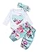 Newborn Baby Girls Floral Heart Peach Print Romper Long Pants With Bowknot Headband Outfit Set (0-6 Months), Blue