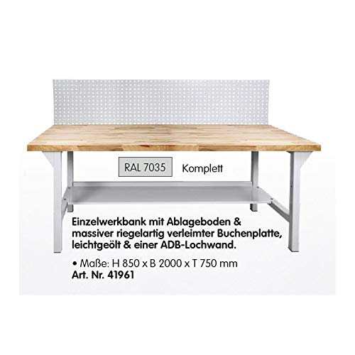 ADB Werkbank, Werktisch, Arbeitstisch mit Buchenplatte + Lochwand 2000x750x850 mm, Werkstatteinrichtung, Zubehör, Werkstatt, ohne Rollen – Bild 3