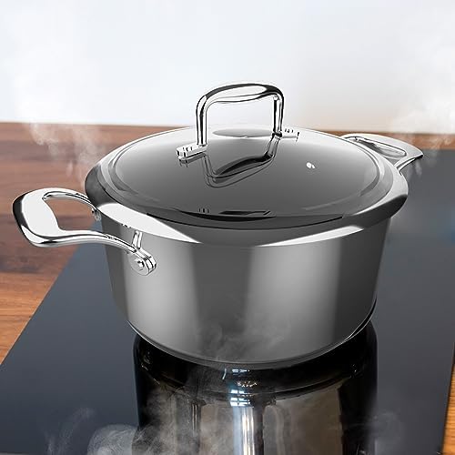 Casserole Polka Classy 24 Pot Steel. Diamètre 24 cm, Capacité 4 L, Acier Inoxydable 18/10, Revêtement Antiadhésif, Poignées Rivées, Couvercle En Verre,Convient à Tous Les Types De Cuisinières