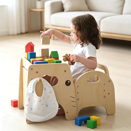 Lehoo Castle Toddler Table and Chair Set for 1-3 Years Boys Girls | 3-Level Adjustable Chair, Wooden Kid Desk with Shelf & Hook, Montessori Weaning Eating Playing Table, Easy Assemble, Elephant