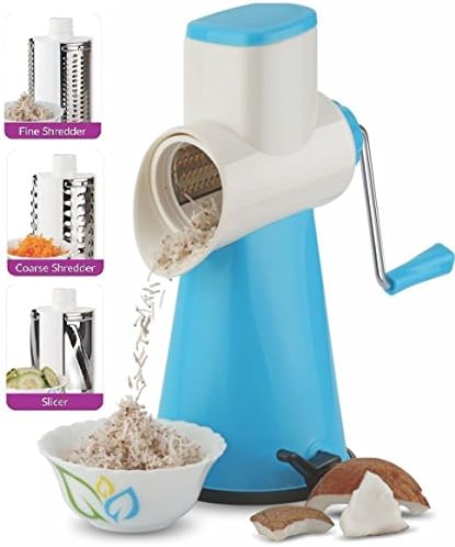 Chefzone Vegetable Mandoline Slicer, Vegetable Fruit Cutter Cheese Shredder Rotary Drum Grater with 3 Stainless Steel Rotary Blades and Suction Cup Feet (Blue)