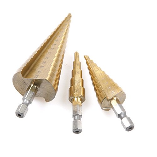 3 Pcs Hex Shank HSS Titanium Coated Step Drill Bits Set ,4-/12/20/32mm