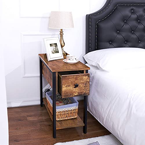 HOOBRO Side Table, 2Tier Nightstand with Drawer, Narrow End Table for