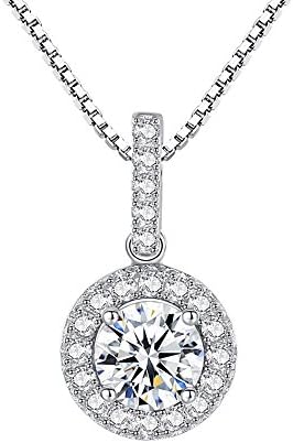 Platinum Plated Cubic Zirconia Round Halo Pendant Necklace Engagement Wedding Jewelry Gift for Women Girls 18"