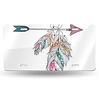 XINGCHENSS 4 Hole Custom Cute License Plate Cover Vanity Tag Aluminum Car Accessories Novelty Girls License Plate Boho Style Ornamental Feathers Hanging On Arrow Cr Print Metal License Plate 6x12 in