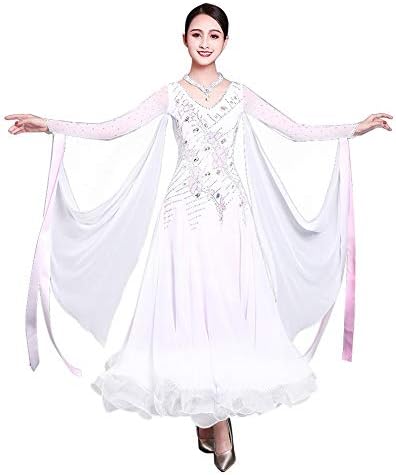 Lnight 豪華な白の社交ダンスドレス モダンダンス 長袖 ワンピース レッスン着 フラメンコ 競技用 時間指定不可 スタンダード練習着 ワルツ専用ドレス 発表会用演出服 サンバ ルンバ