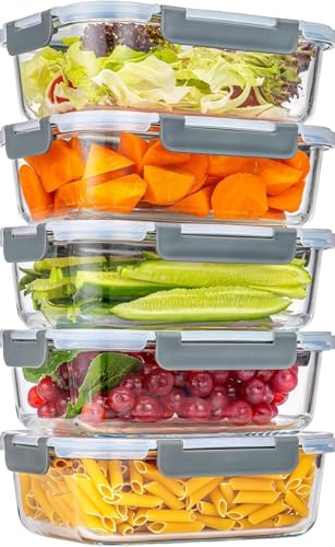 KUMD Glass Storage Jars with Lid, Set of 5 (10 Pieces) 1040 ml Borosilicate Glass Food Storage Containers for Microwave & Meal Prep - Rectangular Lunch Box, Oven-Safe, Leak-Proof