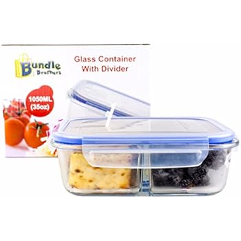 Glass Meal Prep Food Storage Portion Control Container 2-Compartment Divider with Locking Lid/Premium Quality/BPA-FREE/Air Tight/Leakproof/Freezer/Oven/Dishwasher/Microwave Safe (1-3 pc sets)35 oz (1)