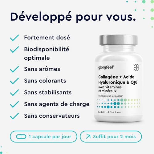 Collagene Marin + Acide Hyaluronique & Q10, Enrichi en Zinc, Magnésium, Vitamines B12, D3, A & C, 60 Capsules, Complexe Collagène Premium pour la Peau, les Cheveux & les Articulations*, Sans Additifs