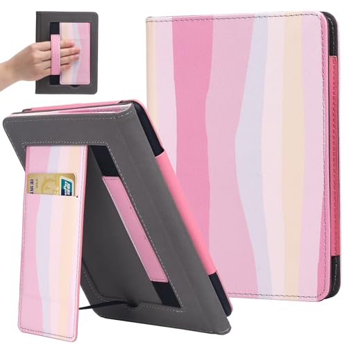 SCSVPN Stand Case for Kindle Paperwhite 11th Generation 2021 Release & Kindle Paperwhite Signature Edition 6.8 inch, Slim PU Leather Cover with Hand Strap, Card Slot, Auto Sleep/Wake (Colorful Pink)