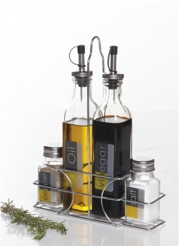 4-Piece Set - Oil & Vinegar Cruet Set with Salt & Paper Shaker and Wire Stand
