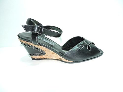 Prevata Womens Vista Black Leather &amp; Cork Peep-toe Wedge Sandals Heels Shoes Size 6 M