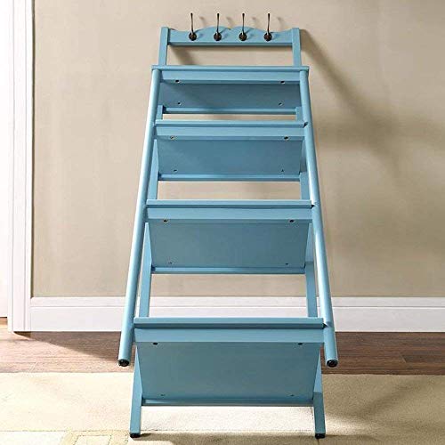 Wisdom Shelving & Storage Multilayer Wooden Rack Ladder Bookcase Ladder Shelf Framestorage Display Rack with 4 Shelves 4 Hooks Sturdy Durable,Blue - Thumbnail 2