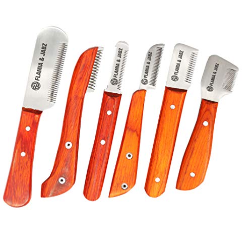 FJ Professional Stripping Knife kit (6 pieces set) for Dogs & Pets, Wooden Handle Grip with Stainless Steel Blade (Right handed) (Orange)