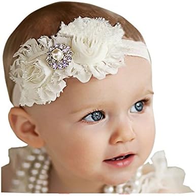 Bloomingjoy Baby Girl Elastic Headband with Flower lot of 2 (one size, ivory)
