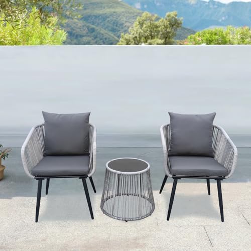 YIYAN 3 Piece Patio Bistro Set, Wicker Outdoor Patio Set with Enhanced Comfort Seating, Round Glass Top Coffee Side Table, Patio Rattan Conversation Set for Balcony, Lawn, Garden, Backyard (Gray)