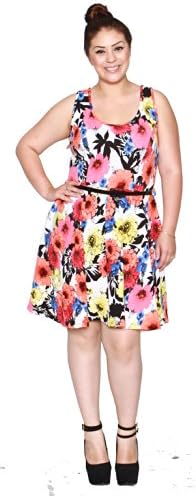 Libian Jr Plus Size Flower Scuba Knit Color Hawaiian Flare Dress with Belt (1X, Coral)