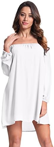 StyleDome Women's Chiffon Off Shoulder Long Sleeve Cocktail Mini Maxi Dress White US 14