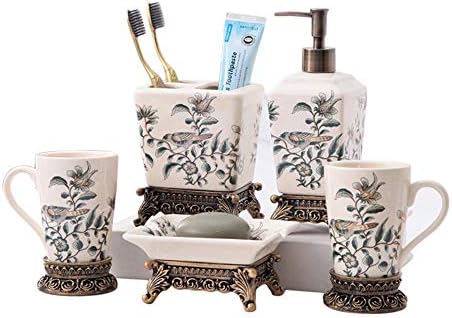 JASNO Bathroom Accessories Set, 5 Piece Ceramic Bath Ensemble With Base, Bath Set Collection Soap Dispenser, Toothbrush Holder, Tumbler, Soap Dish [Energy Class A]