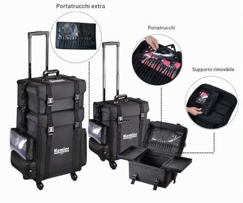 Kemier - 2 in 1 Omnidirectional Wheels Professional Soft Side Makeup Case Wheeled Makeup Case Cosmetic Organizer with Drawers,Black