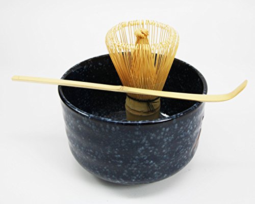 Atlantic Collectibles Traditional Japanese Tombo Dragonfly Blue Matcha Tea Ceremony Set With Wooden Whisk and Spoon