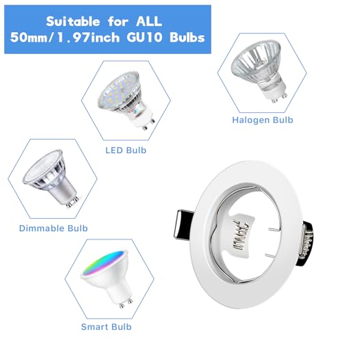 Yiahin Recessed Spotlights GU10 Set with GU10 Ceramic Socket, Matt White Round LED Spotlight Mounting Frame, Diameter 55mm-70mm, for Ceiling Spotlights, Pack of 10