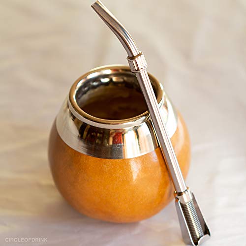 Circle of Drink - Handcrafted Natural Yerba Mate Gourd (Calabash Mate Cup) with Aplaca Steel Brim - with Stainless Steel Bombilla (Mate Tea Straw) - Thumbnail 5