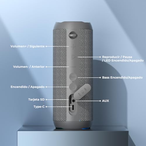 RIENOK Bluetooth Speaker 5.3 Portable Wireless Speaker IPX7 Waterproof Computer Speakers, Bass, Stereo Sound, Supports Micro SD AUX, Grey