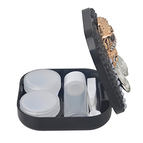 KAKA(TM Fashion Box Kit 3D Handmade Rhinestone Bling Crystal Design Skull Pattern Decorated Black Mini Contact lenses Case