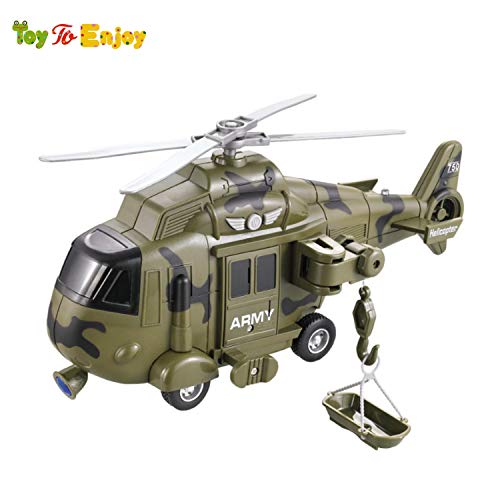 Toy To Enjoy Army Helicopter & Truck Toy with Flashing Light & Sound Effects - Friction Powered Wheels & Openable Doors - Heavy Duty Plastic Military Toy for Kids & Children