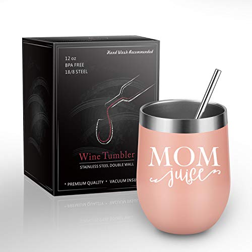 Mom Juice - LEADO 12 oz Stainless Steel Insulated Wine Tumbler with Lid and Straw, Unique Stemless Sippy Cup, Funny Novelty Mom Gift for Birthday, Valentines, New Mom, Mom To Be (Blush Gold)