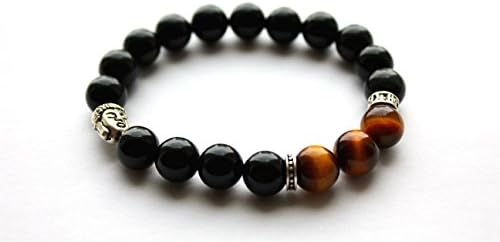 WorldCharlotte Premium Obsidian and Tiger’s Eye Beaded Gemstone Stretch Bracelet with Silver Buddha